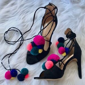 Express • Multicolor Pom Pom Lace Up Peep Toe Heels